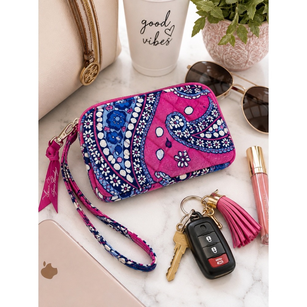 Vera Bradley Boysenberry Double ID Wristlet Wallet Retired Pink Blue Paisley